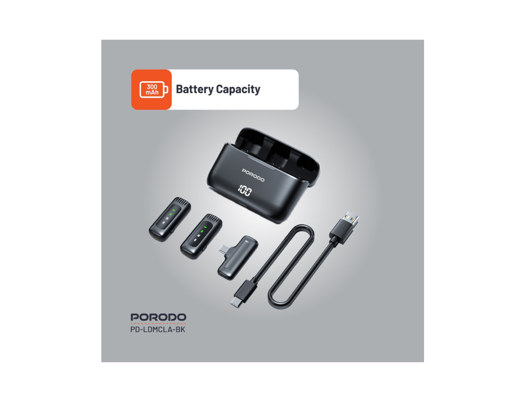 Porodo Lavalier Double Microphone with Charging Case - Black Porodo Lavalier Double Microphone with Charging Case - Black